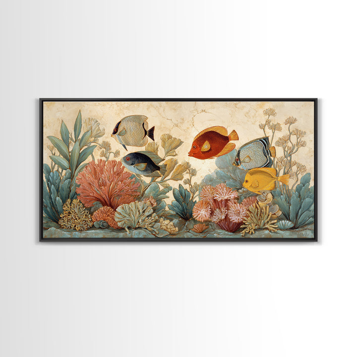 Tropical Fish over Coral Reef Framed Canvas Print, Tropical Art, Print, Living Room Decor, Fine Art, Tropic, Coastal Wall Art, TRO-2x1-7