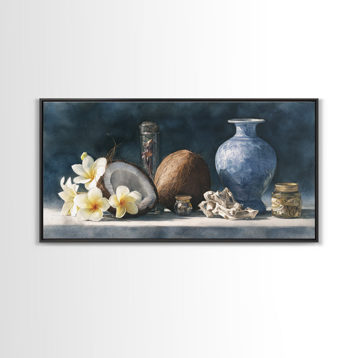 Coconut and Plumeria Still Life Framed Canvas Print, Tropical Art, Coastal Wall Art, Living Room Decor, Fine Art, Tropic, TRO-2x1-80