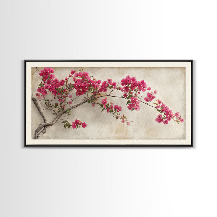 Pink Bougainvillea over White Wall Framed Canvas Print, Tropical Art, Abstract Painting, Living Room Decor, Fine Art, Tropic, TRO-2x1-84