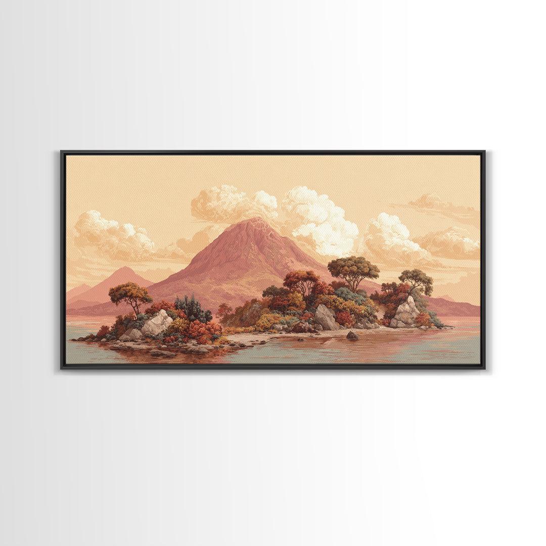 Island Volcano with Lush Foreground Framed Canvas Print, Tropical Art, Set of 3 Prints, Living Room Decor, Fine Art, Tropic, TRO-2x1-85