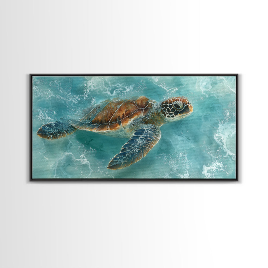 Sea Turtle Near Tropical Reef Framed Canvas Print, Tropical Art, Trendy Wall Art, Living Room Decor, Fine Art, Tropic, TRO-2x1-87