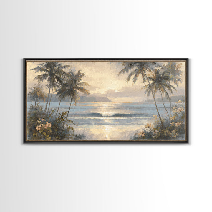 Sunset Surf Scene Framed Canvas Print, Tropical Art, Digital Art, Living Room Decor, Oil Painting, Tropic, Watercolor Art, TRO-2x1-90