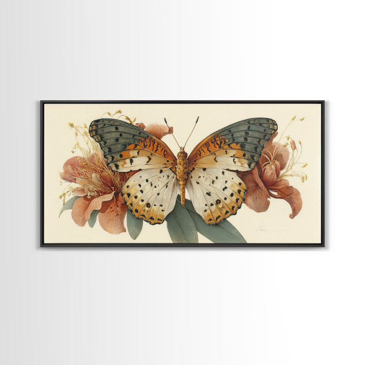 Tropical Butterfly and Flower Study Framed Canvas Print, Tropical Art, Digital Print, Living Room Decor, Fine Art, Tropic, TRO-2x1-91