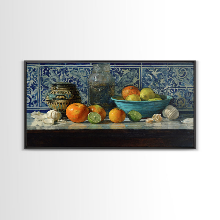 Bright Papaya and Lime Still Life Framed Canvas Print, Tropical Art, Watercolor Painting, Living Room Decor, Oil Painting, TRO-2x1-92