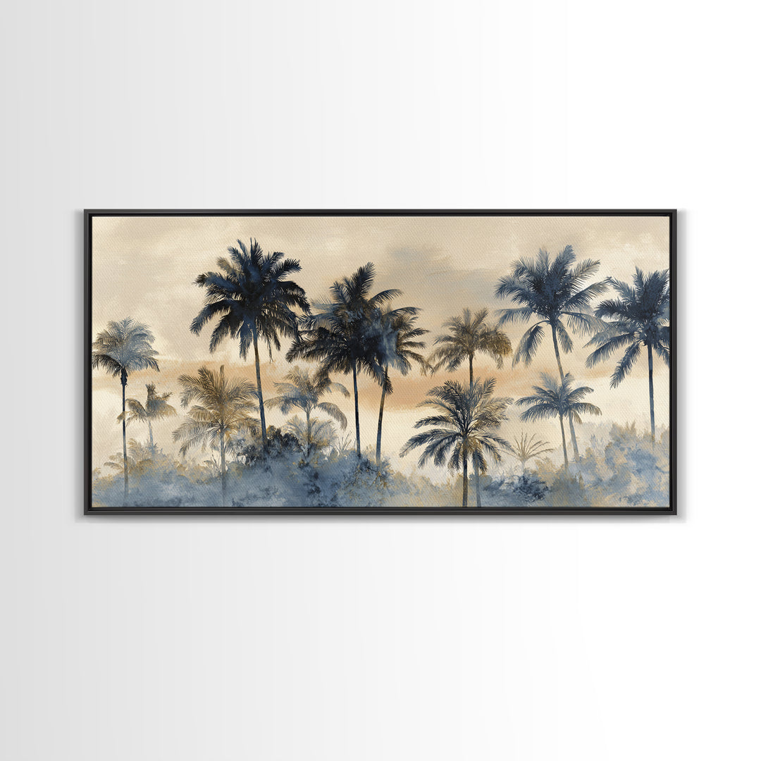 Palm Tree Silhouettes Framed Canvas Print, Tropical Art, Beach Decor, Living Room Decor, Oil Painting, Tropic, Fine Art Print, TRO-2x1-96
