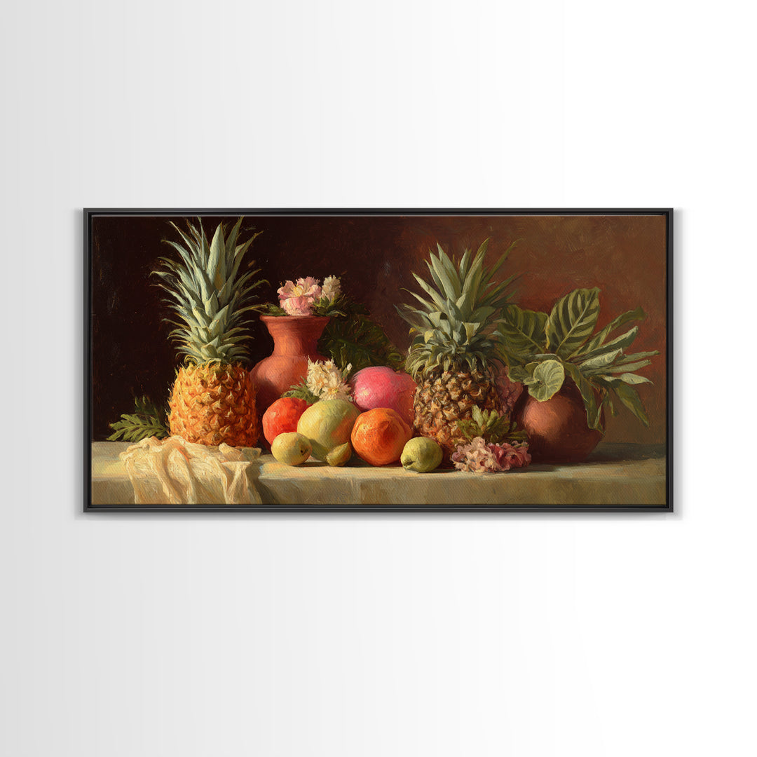 Pineapple and Palm Still Life Canvas Print, Tropical Art, Printable Wall Art, Living Room Decor, Watercolor Art, Tropic, TRO-2x1-98