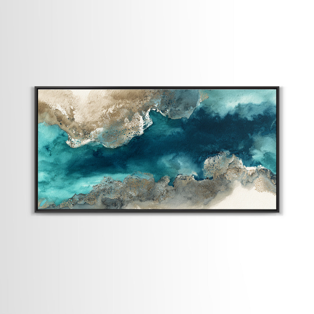 Tropical Lagoon with Turquoise Water Framed Canvas Print, Tropical Art, Abstract Painting, Living Room Decor, Fine Art, Tropic, TRO-2x1-99