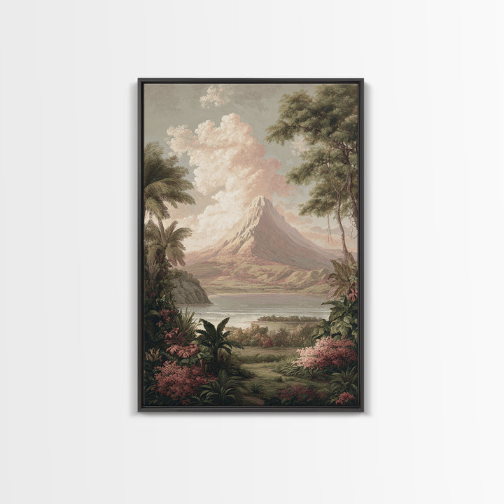 Island Volcano with Lush Foreground Framed Canvas Print, Tropical Art, Printable, Living Room Decor, Fine Art, Tropic, TRO-2x3-1