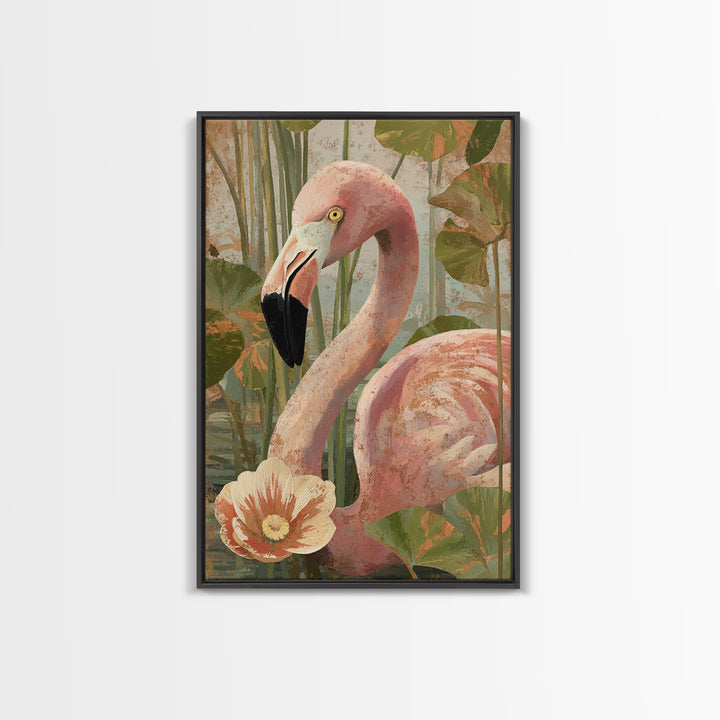 Pink Flamingos Among Tropical Water Plants Canvas Print, Tropical Art, Contemporary Art, Living Room Decor, Fine Art, Tropic, TRO-2x3-10
