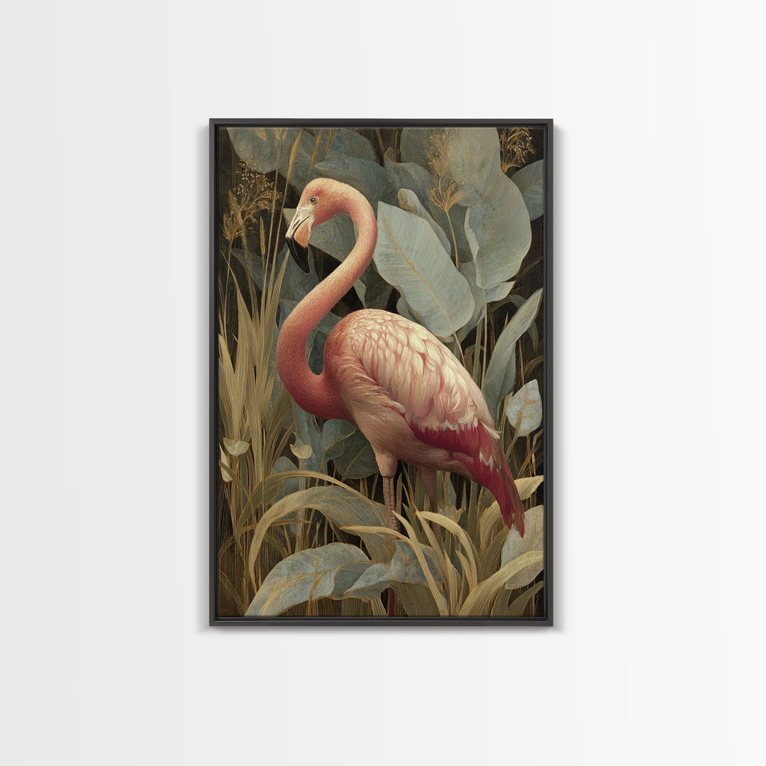 Pink Flamingos Among Tropical Water Plants Framed Canvas Print, Tropical Art, Print, Living Room Decor, Fine Art, Tropic, TRO-2x3-34