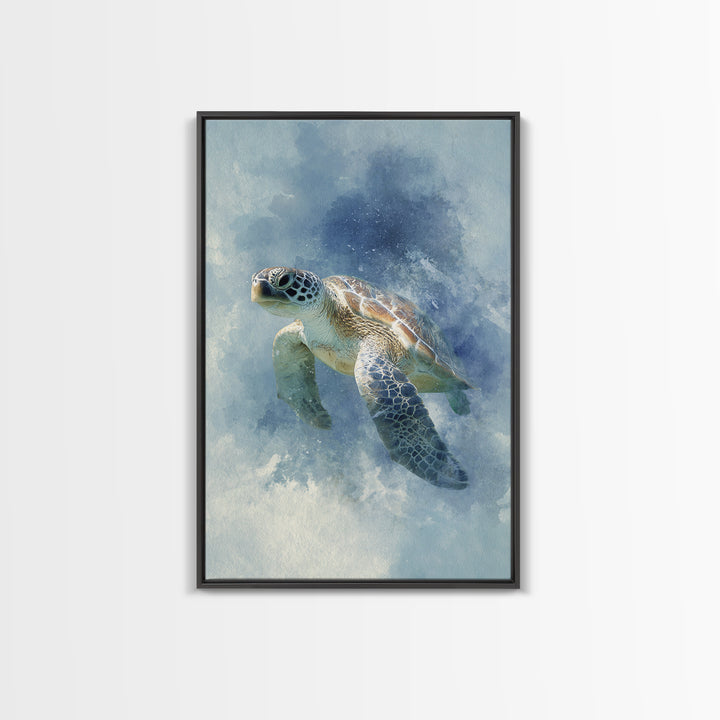 Sea Turtle Near Tropical Reef Framed Canvas Print, Tropical Art, Digital Art, Living Room Decor, Oil Painting, Tropic, TRO-2x3-51