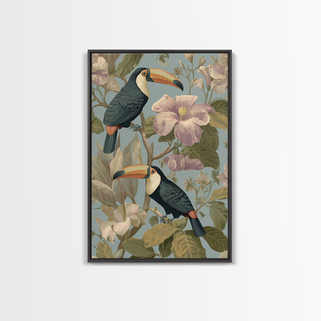 Toucans Surrounded by Bright Jungle Flowers Canvas Print, Tropical Art, Watercolor Painting, Living Room Decor, Tropic, TRO-2x3-59