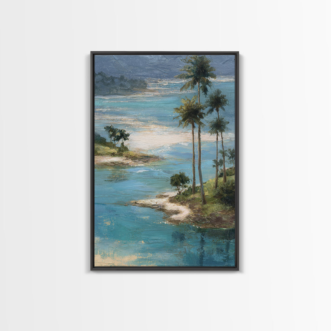 Tropical Lagoon with Turquoise Water Framed Canvas Print, Tropical Art, Bird Art, Living Room Decor, Watercolor Art, Tropic, TRO-2x3-63