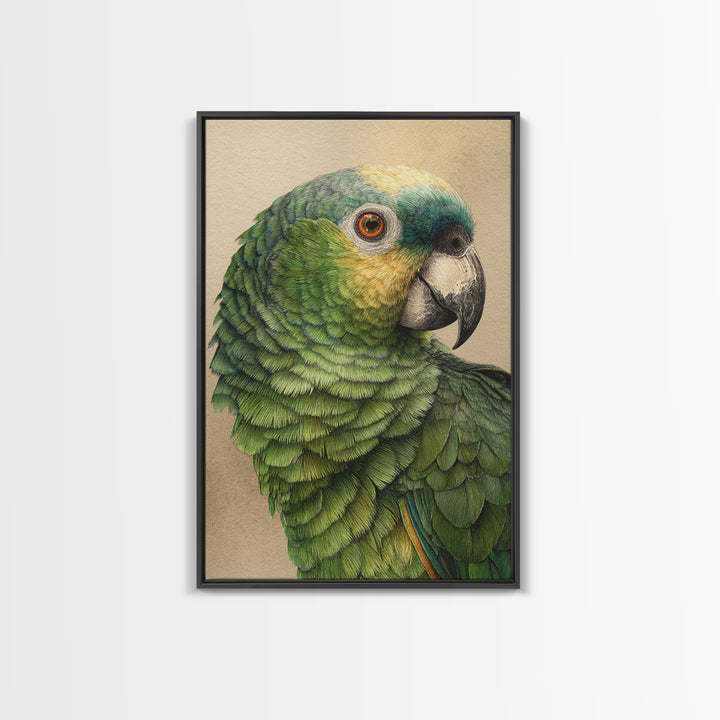 Parrot Portrait with Emerald Feathers Framed Canvas Print, Tropical Art, Print, Living Room Decor, Oil Painting, Tropic, TRO-2x3-64