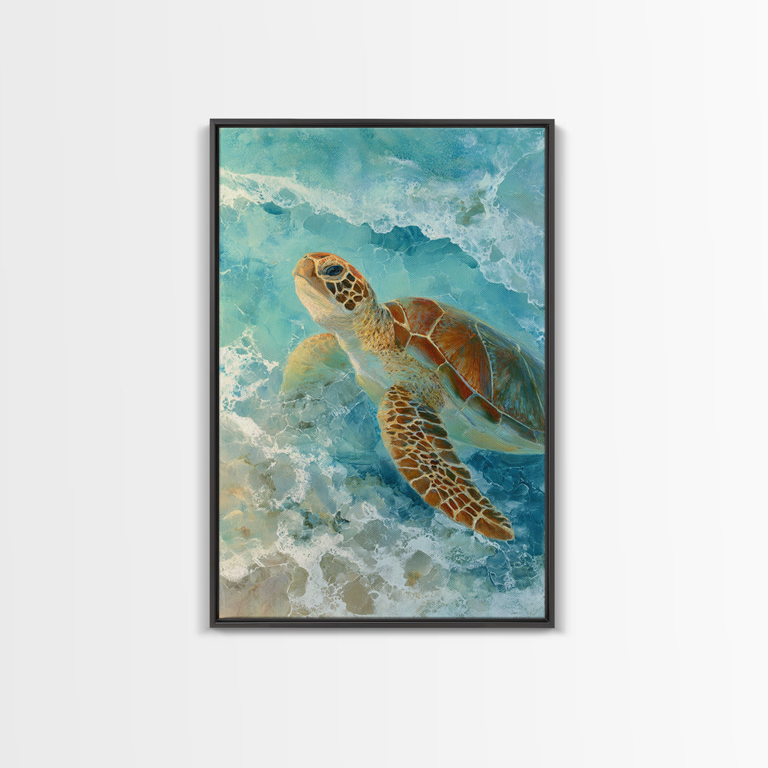 Sea Turtle Near Tropical Reef Framed Canvas Print, Tropical Art, Abstract Painting, Living Room Decor, Fine Art, Tropic, TRO-2x3-75