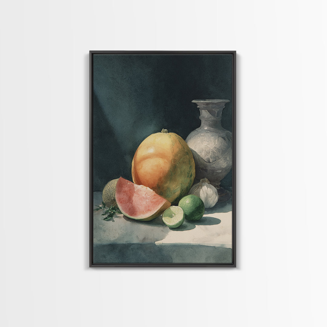 Bright Papaya and Lime Still Life Framed Canvas Print, Tropical Art, Botanical Art, Living Room Decor, Oil Painting, Tropic, TRO-2x3-8