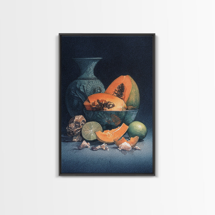 Bright Papaya and Lime Still Life Framed Canvas Print, Tropical Art, Living Room Decor, Watercolor Art, Tropic, TRO-2x3-80