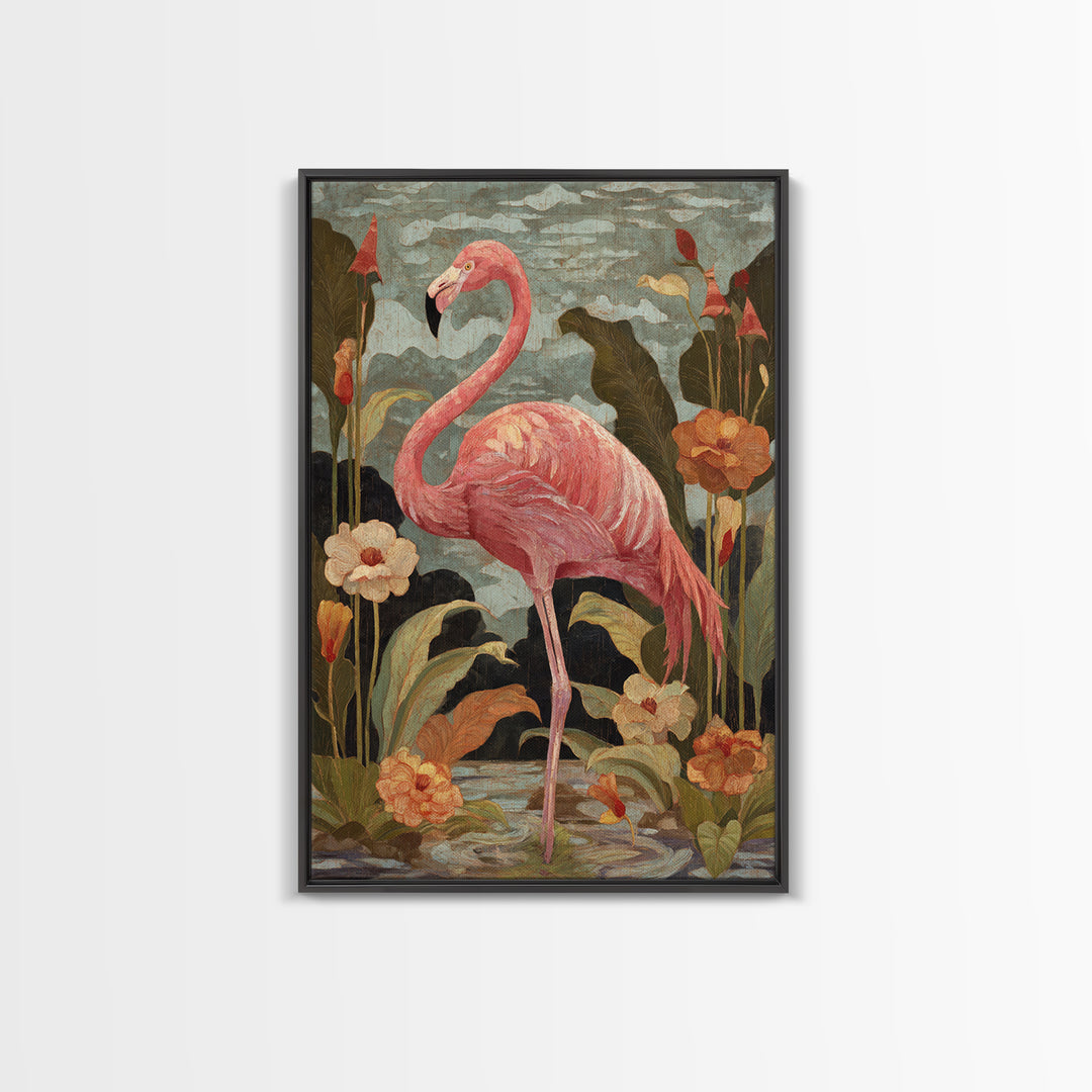Pink Flamingos Among Tropical Water Plants Canvas Print, Tropical Art, Digital Print, Living Room Decor, Fine Art, Tropic, TRO-2x3-82