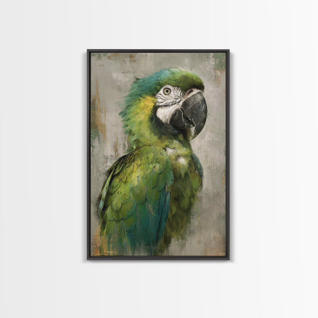 Parrot Portrait with Emerald Feathers Framed Canvas Print, Tropical Art, Set of 3 Prints, Living Room Decor, Fine Art, Tropic, TRO-2x3-88