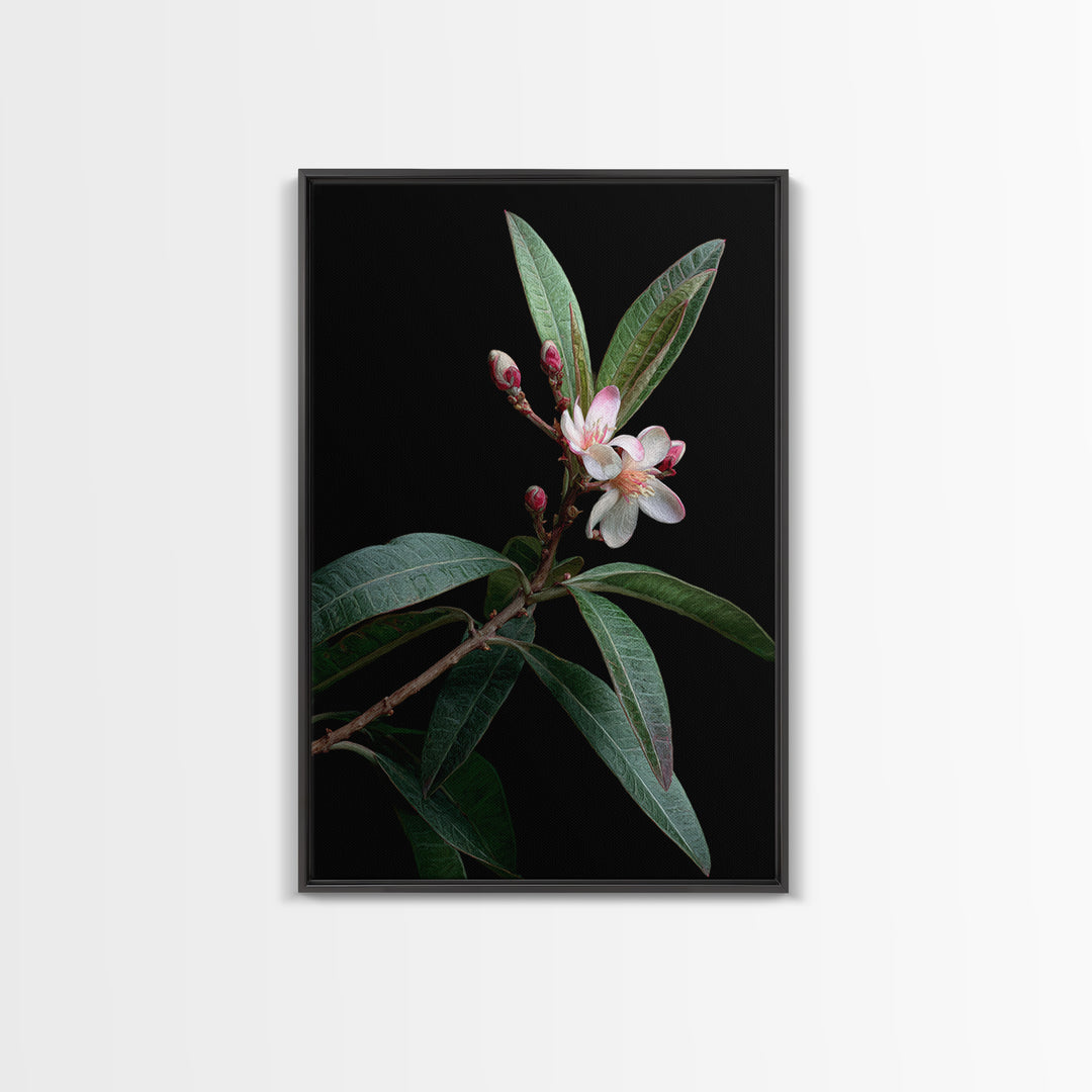 Mango Branch with Leaves and Flowers Framed Canvas Print, Tropical Art, Living Room Decor, Watercolor Art, Tropic, TRO-2x3-98