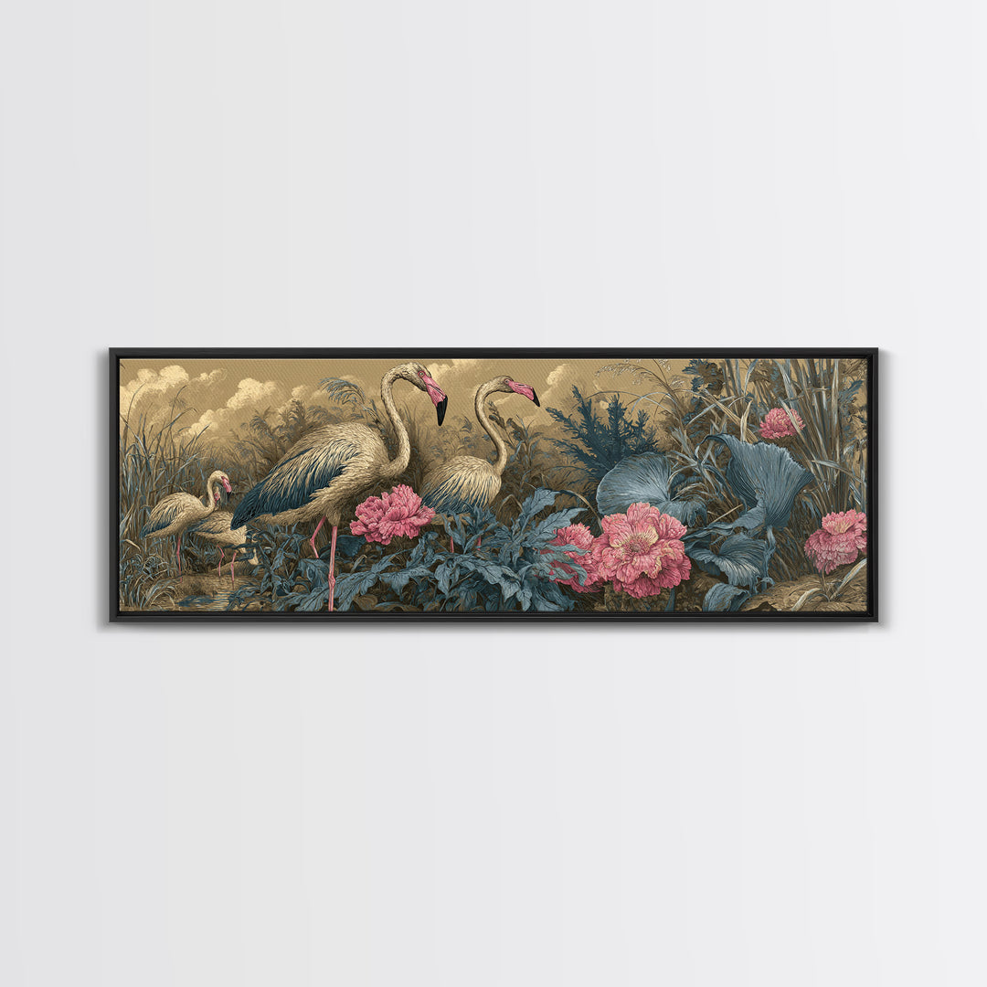 Pink Flamingos Among Tropical Water Plants Framed Canvas Print, Tropical Art, Oversized Wall Art, Living Room Decor, Tropic, TRO-3x1-18