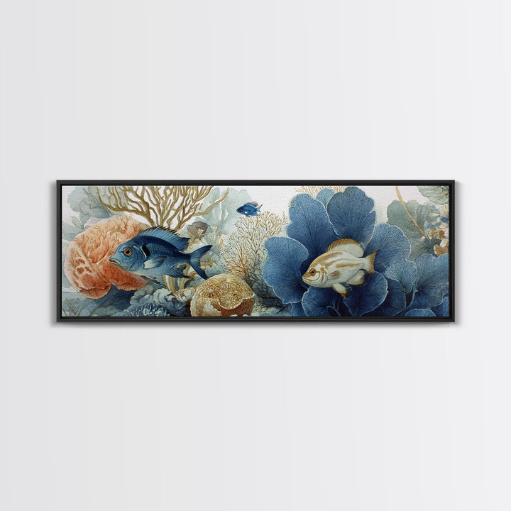 Tropical Fish over Coral Reef Framed Canvas Print, Tropical Art, Textured Painting, Living Room Decor, Fine Art, Tropic, TRO-3x1-27