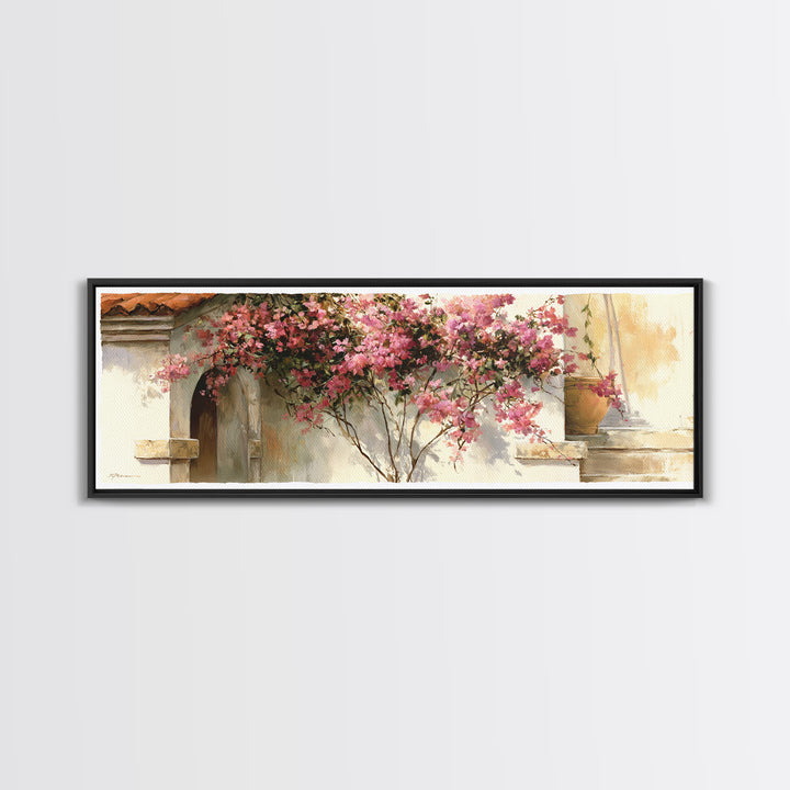 Pink Bougainvillea over White Wall Framed Canvas Print, Tropical Art, Beach Prints, Living Room Decor, Watercolor Art, Tropic, TRO-3x1-32