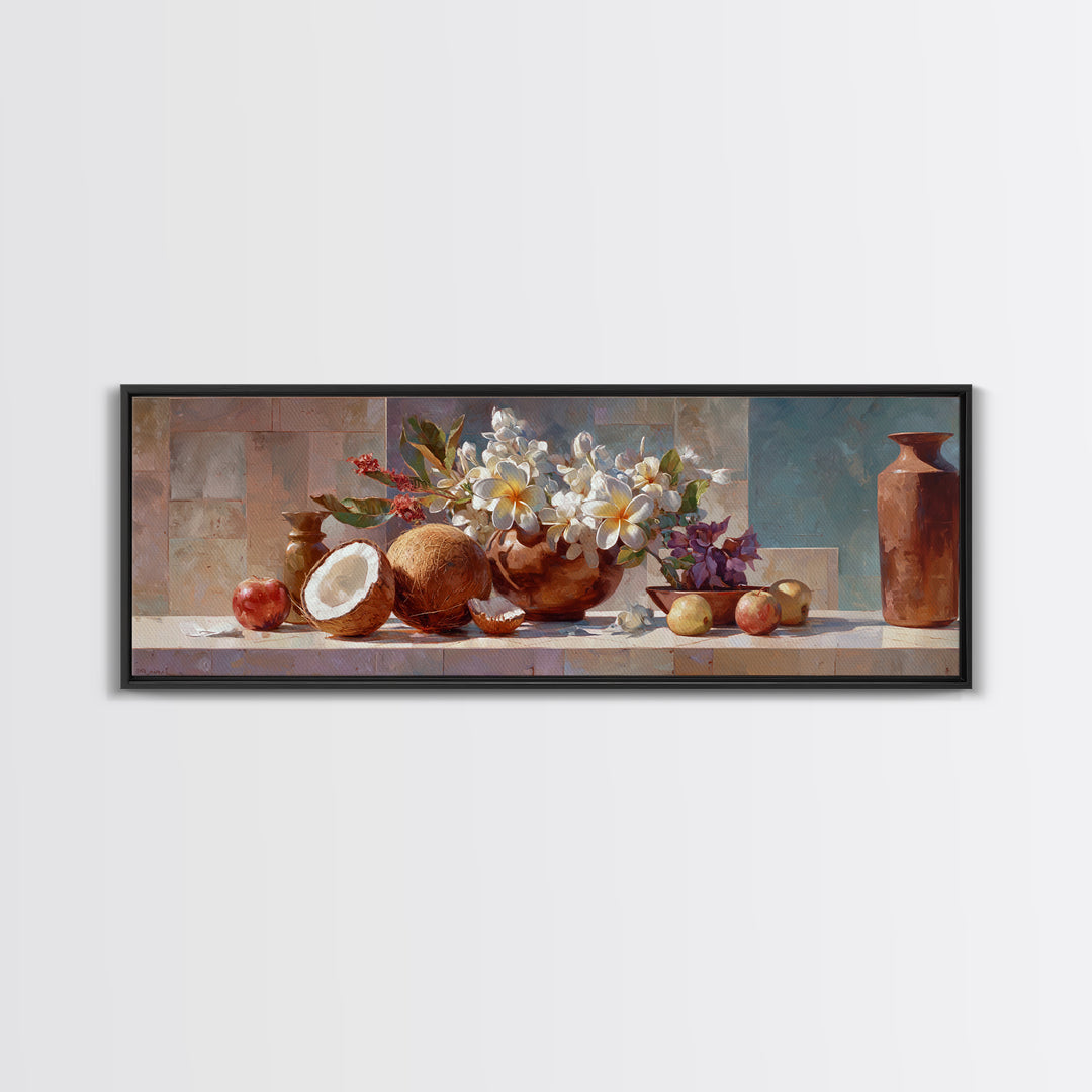 Coconut and Plumeria Still Life Canvas Print, Tropical Art, Downloadable Prints, Living Room Decor, Watercolor Art, Tropic, TRO-3x1-4