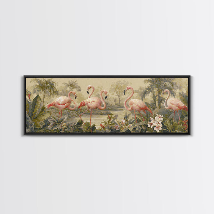 Pink Flamingos Among Tropical Water Plants Canvas Print, Tropical Art, Watercolor Art, Living Room Decor, Fine Art, Tropic, TRO-3x1-42