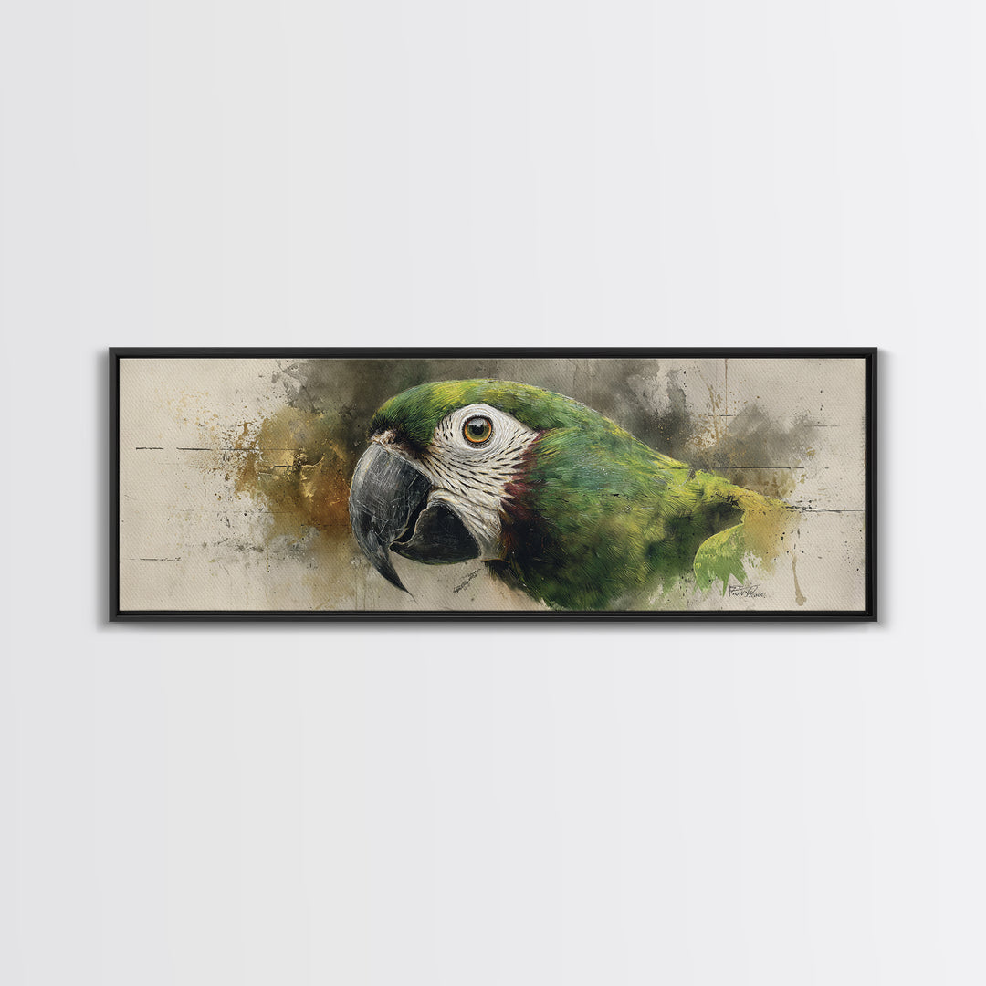 Parrot Portrait with Emerald Feathers Canvas Print, Tropical Art, Textured Painting, Living Room Decor, Fine Art, Tropic, TRO-3x1-48