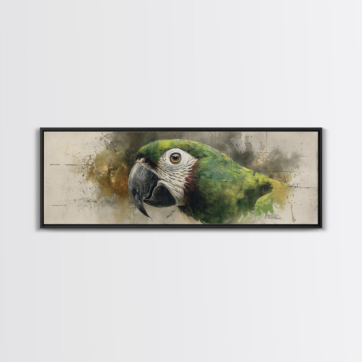 Parrot Portrait with Emerald Feathers Canvas Print, Tropical Art, Textured Painting, Living Room Decor, Fine Art, Tropic, TRO-3x1-48