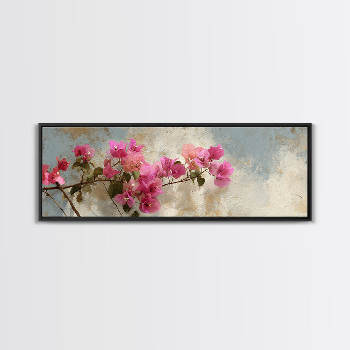 Pink Bougainvillea over White Wall Framed Canvas Print, Tropical Art, Minimalist Decor, Living Room Decor, Fine Art, Tropic, TRO-3x1-56