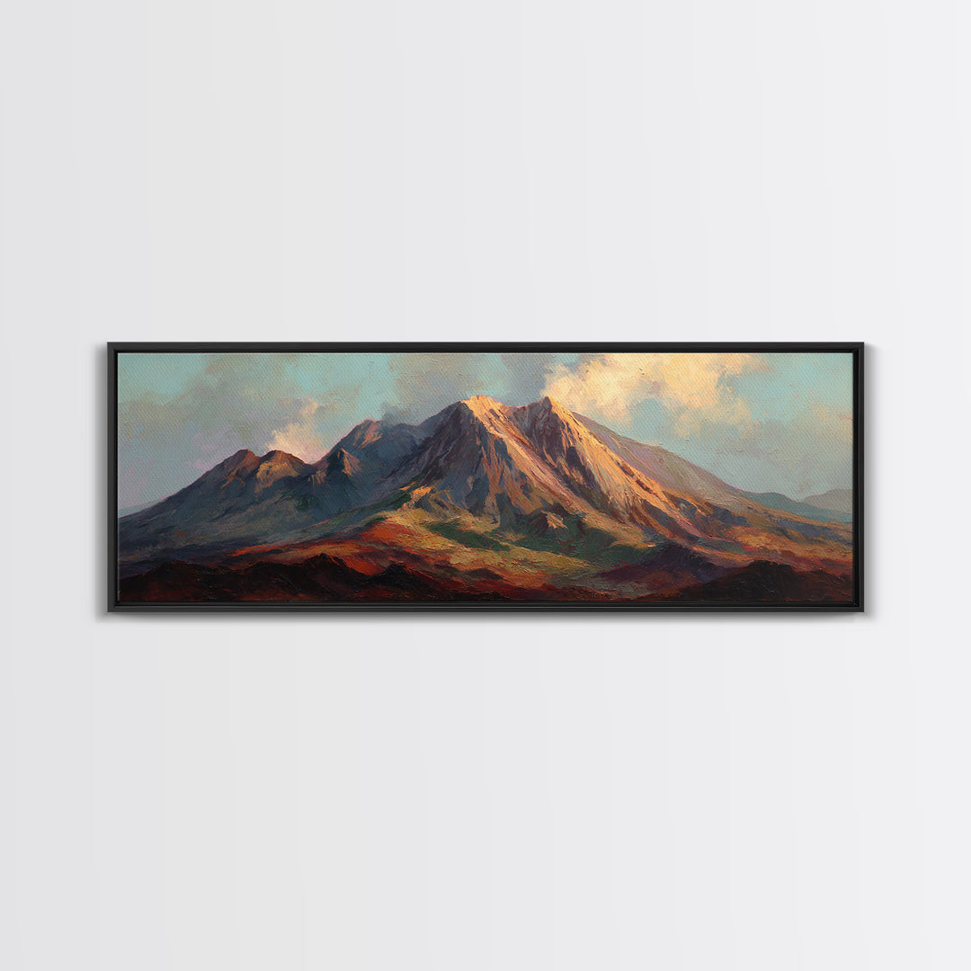 Island Volcano with Lush Foreground Framed Canvas Print, Tropical Art, Whimsical Art, Living Room Decor, Fine Art, Tropic, TRO-3x1-57