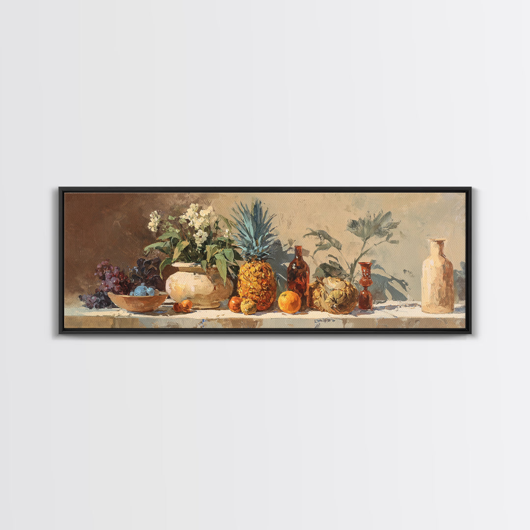 Pineapple and Palm Still Life Canvas Print, Tropical Art, Wall Art, Living Room Decor, Oil Painting, Tropic, Pink Wall Art, TRO-3x1-70