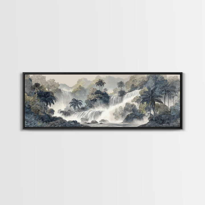 Jungle Waterfall with Misty Light Framed Canvas Print, Tropical Art, Gallery Wall Art, Living Room Decor, Fine Art, Tropic, TRO-3x1-77