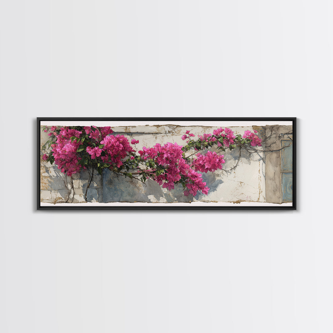 Pink Bougainvillea over White Wall Canvas Print, Tropical Art, Digital Prints, Living Room Decor, Tropic 280, Set of Prints, TRO-3x1-80