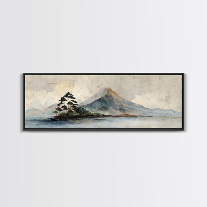 Island Volcano with Lush Foreground Framed Canvas Print, Tropical Art, Whimsical Art, Living Room Decor, Fine Art, Tropic, TRO-3x1-81