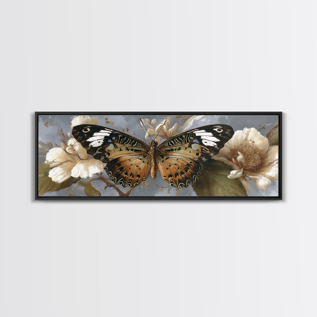 Tropical Butterfly and Flower Study Framed Canvas Print, Tropical Art, Digital Print, Living Room Decor, Fine Art, Tropic, TRO-3x1-87