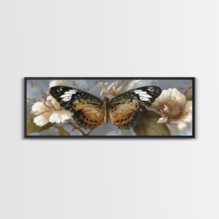 Tropical Butterfly and Flower Study Framed Canvas Print, Tropical Art, Digital Print, Living Room Decor, Fine Art, Tropic, TRO-3x1-87