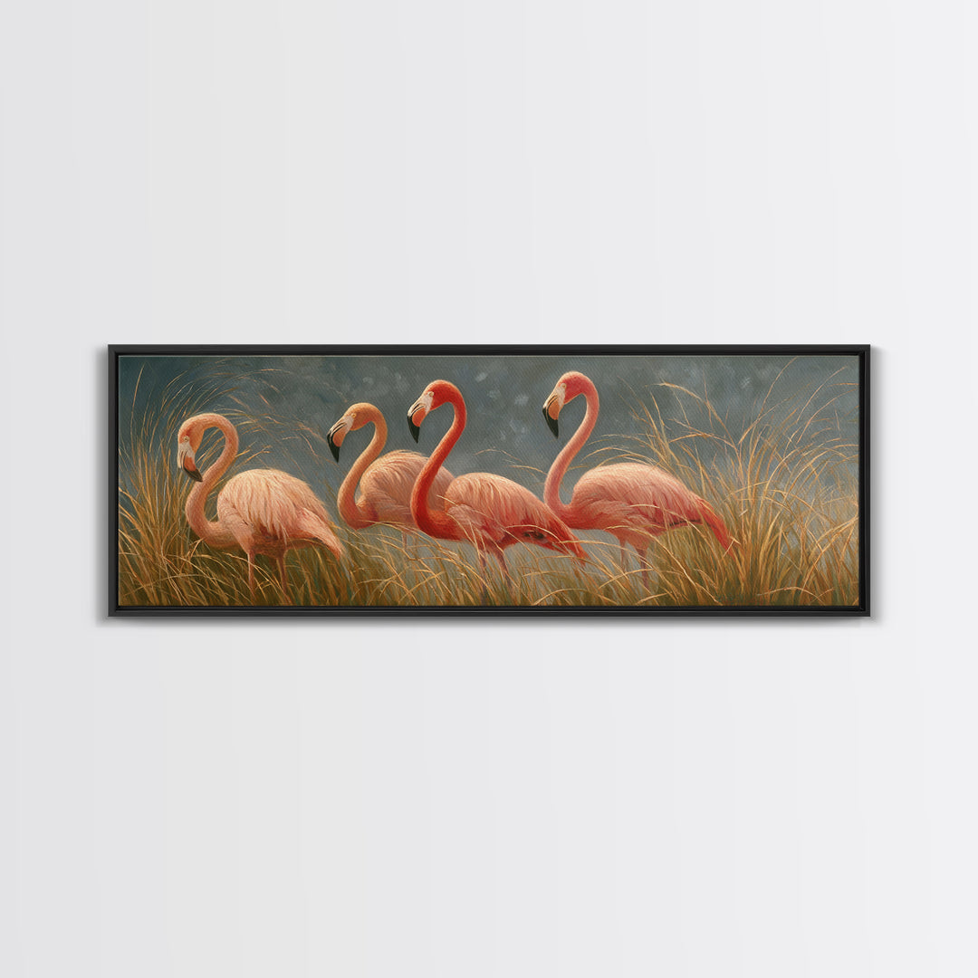 Pink Flamingos Among Tropical Water Plants Framed Canvas Print, Tropical Art, Coastal Art, Living Room Decor, Fine Art, Tropic, TRO-3x1-90