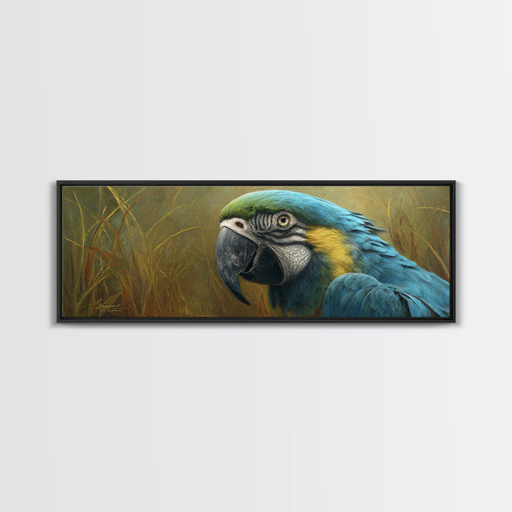 Parrot Portrait with Emerald Feathers Canvas Print, Tropical Art, Textured Painting, Living Room Decor, Fine Art, Tropic, TRO-3x1-96