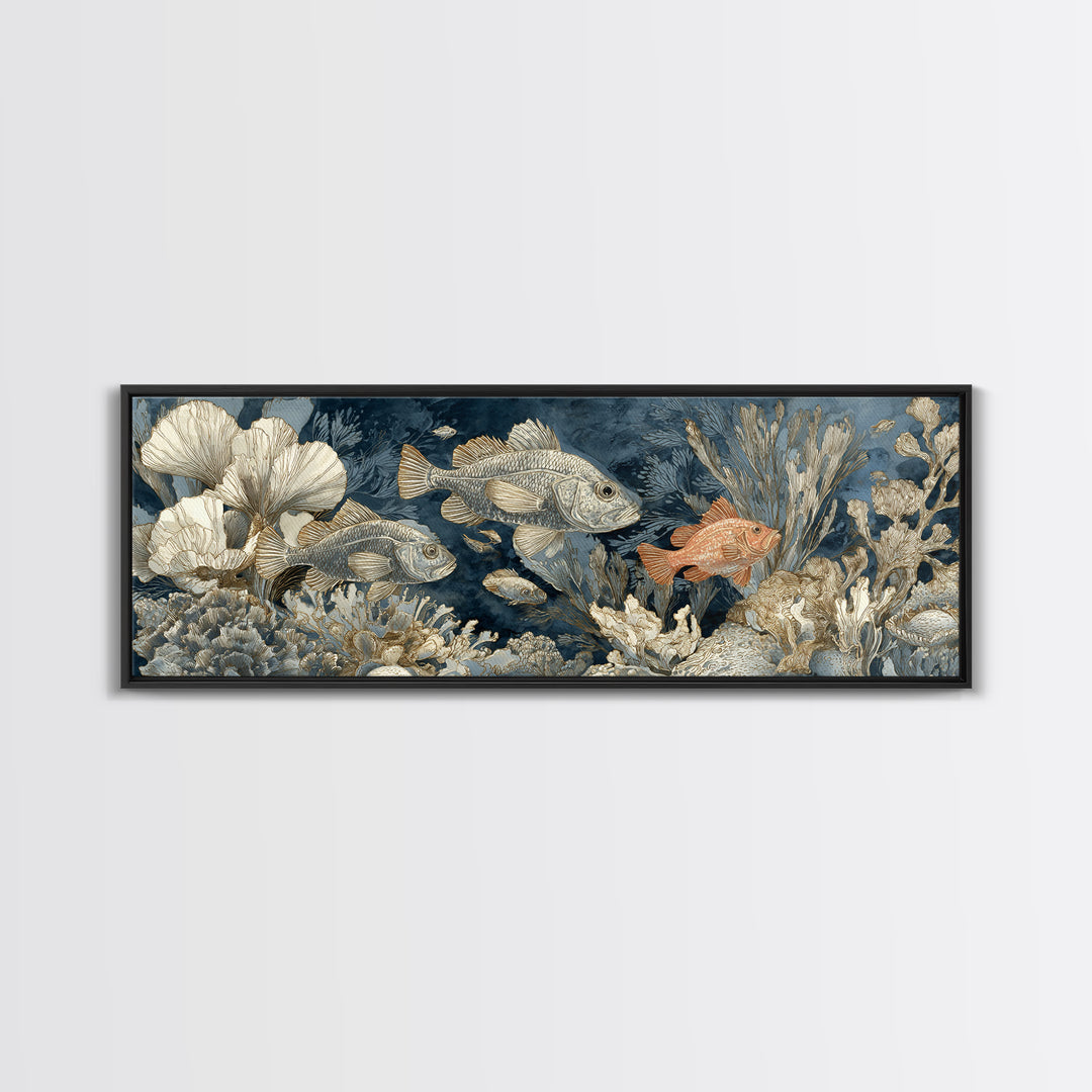 Tropical Fish over Coral Reef Framed Canvas Print, Tropical Art, Printable, Living Room Decor, Fine Art, Tropic, Coastal Decor, TRO-3x1-99