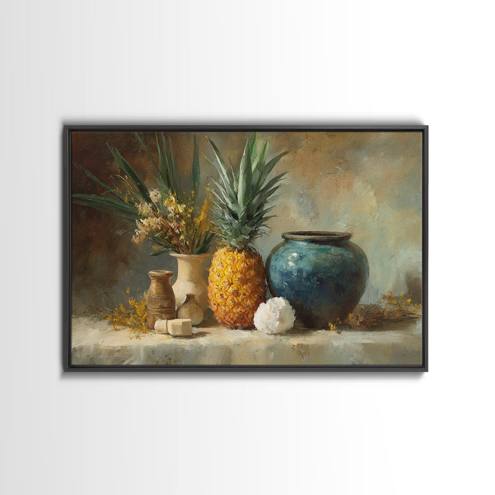 Pineapple and Palm Still Life Framed Canvas Print, Tropical Art, Coastal Wall Art, Living Room Decor, Fine Art, Tropic, TRO-3x2-10