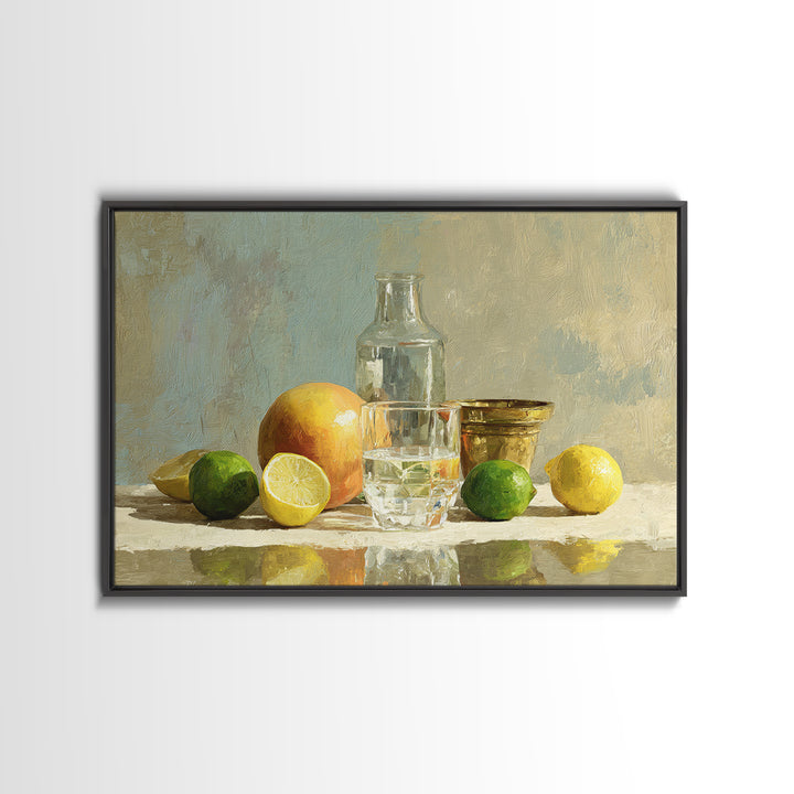 Bright Papaya and Lime Still Life Framed Canvas Print, Tropical Art, Wall Art, Living Room Decor, Oil Painting, Tropic, TRO-3x2-100