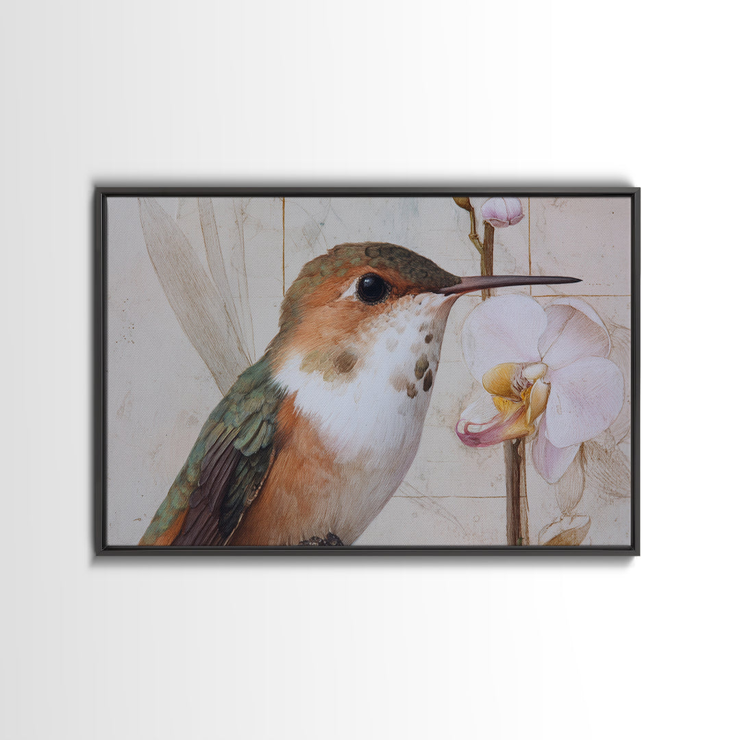 Orchid and Hummingbird Composition Framed Canvas Print, Tropical Art, Pink Wall Art, Living Room Decor, Fine Art, Tropic, TRO-3x2-14