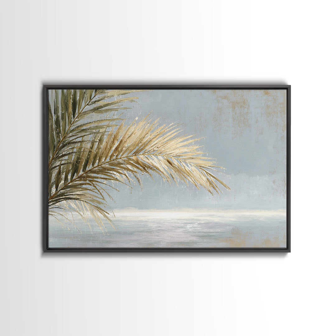 Rain Soaked Palm Leaf Closeup Framed Canvas Print, Tropical Art, Beach Print, Living Room Decor, Fine Art, Tropic, TRO-3x2-25