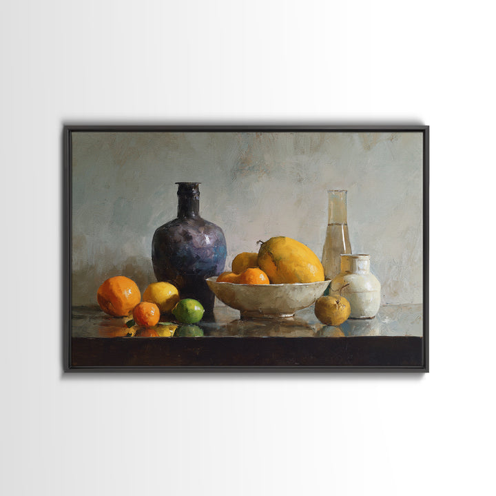 Bright Papaya and Lime Still Life Framed Canvas Print, Tropical Art, Coastal Decor, Living Room Decor, Fine Art, Tropic, TRO-3x2-28
