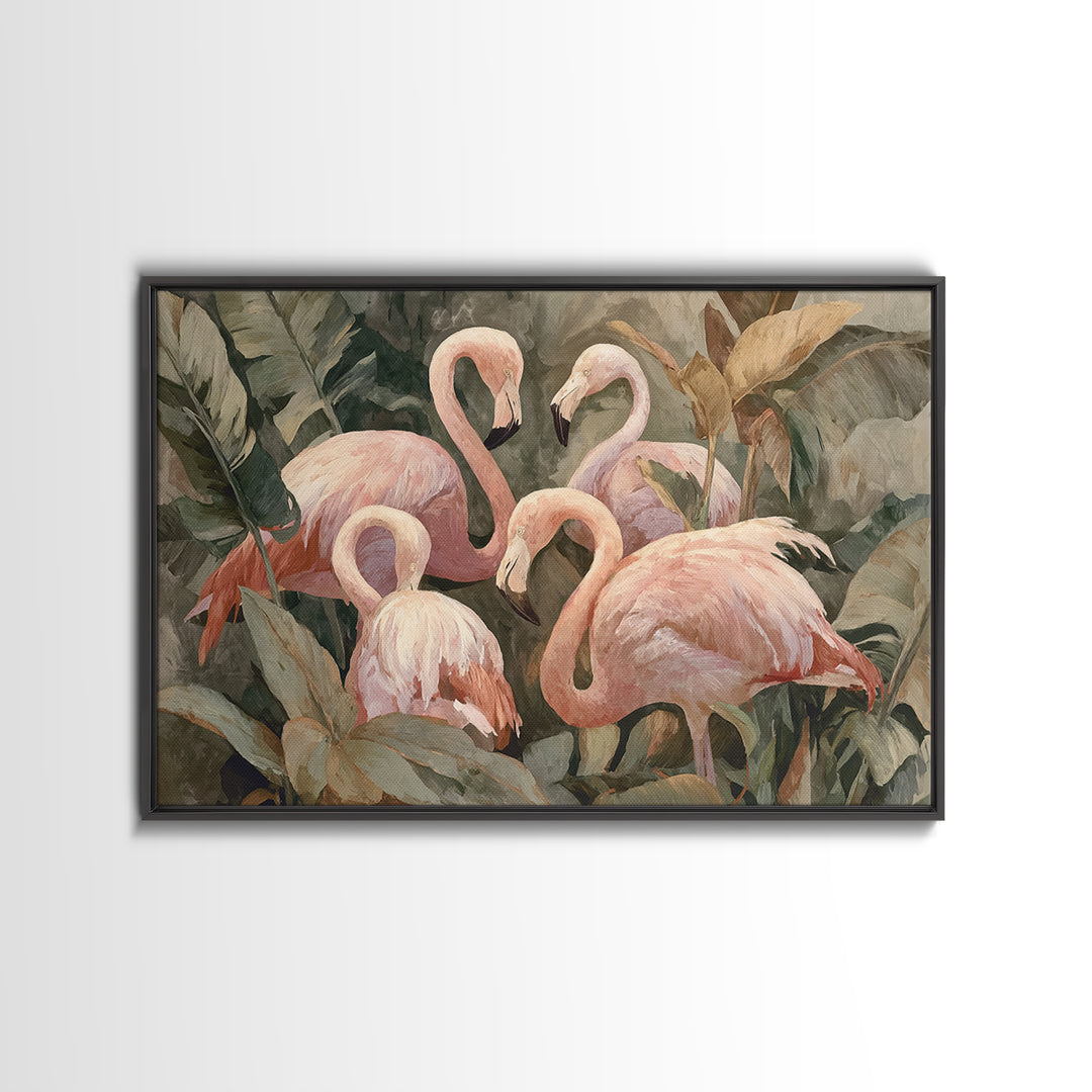 Pink Flamingos Among Tropical Water Plants Canvas Print, Tropical Art, Beach Wall Art, Living Room Decor, Fine Art, Tropic, TRO-3x2-30