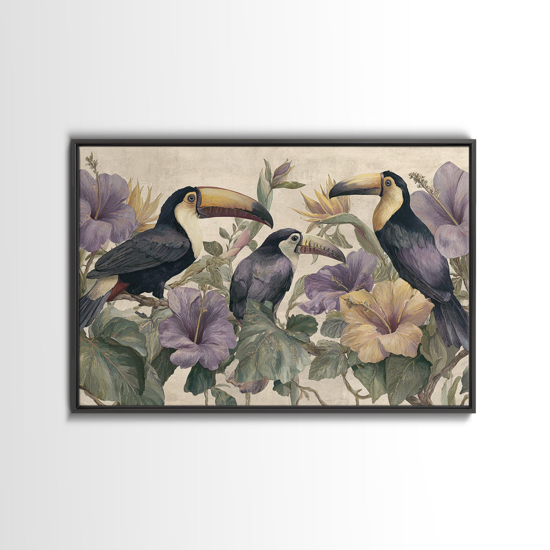 Toucans Surrounded by Bright Jungle Flowers Framed Canvas Print, Tropical Art, Statement Artwork, Living Room Decor, Tropic, TRO-3x2-31