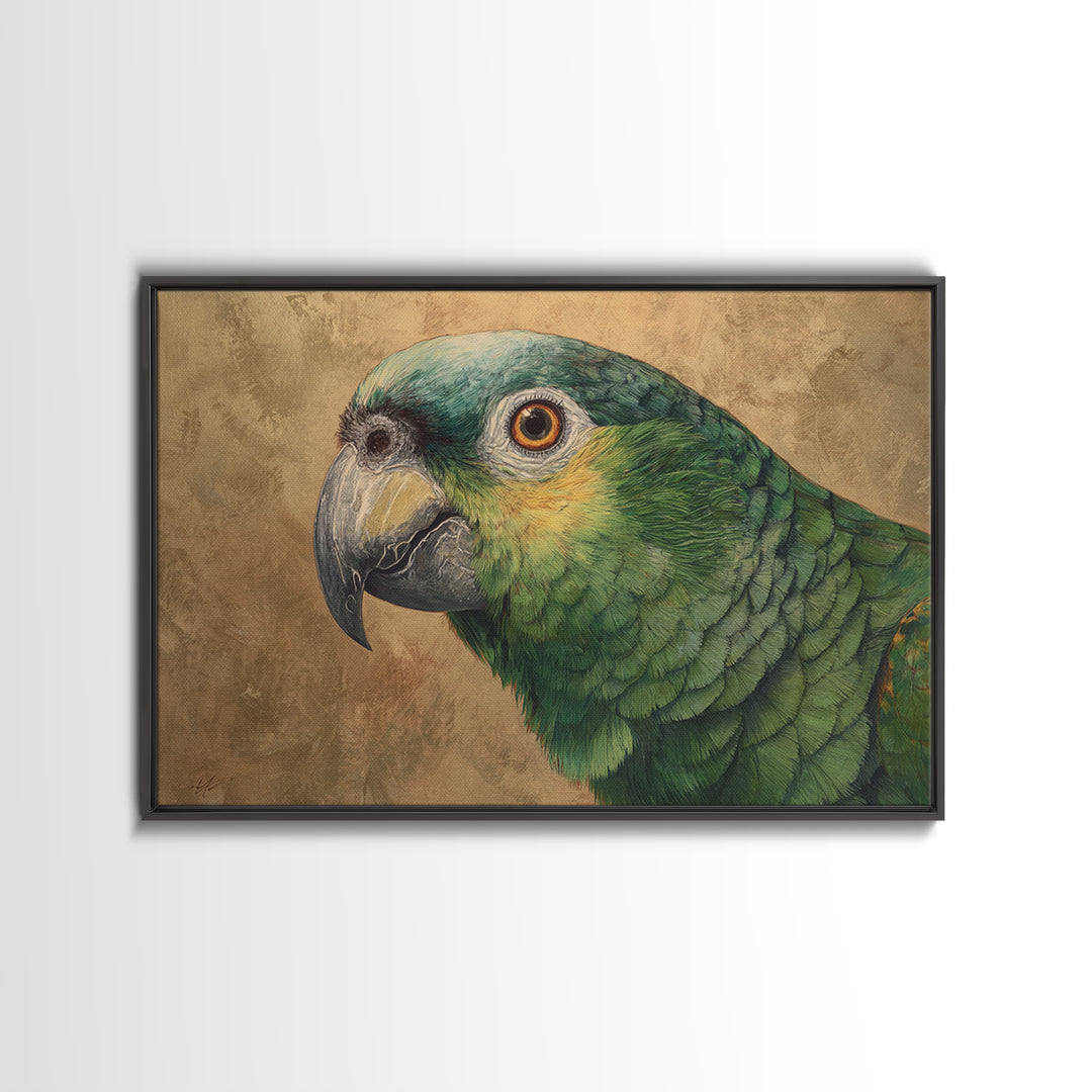 Parrot Portrait with Emerald Feathers Framed Canvas Print, Tropical Art, Whimsical Art, Living Room Decor, Fine Art, Tropic, TRO-3x2-36